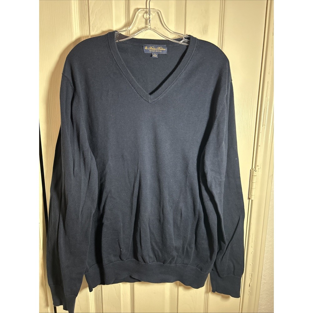 Brooks Brothers Mens Large Sweater Navy Blue 346 Supima Cotton Pullover V Neck